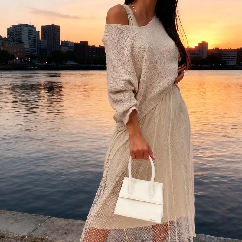 Elegant Knit Sweater & Tulle Skirt Set