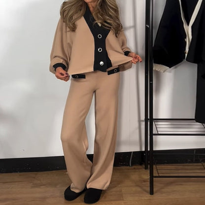 Women's Puff Sleeve Color-Block V-Neck Top ＆ Pants 2-Piece Set