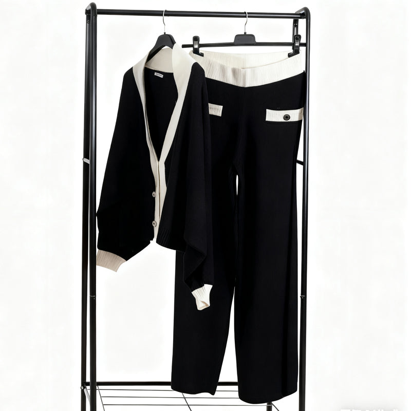 Women's Puff Sleeve Color-Block V-Neck Top ＆ Pants 2-Piece Set