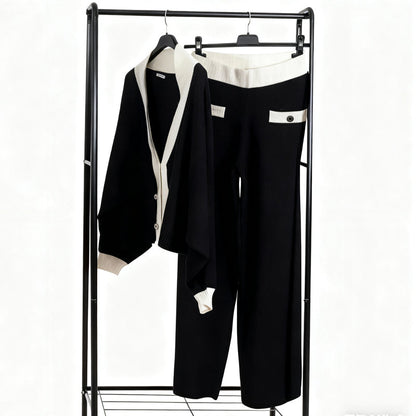 Women's Puff Sleeve Color-Block V-Neck Top ＆ Pants 2-Piece Set