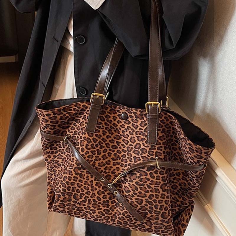 Leopard Print Suede Shoulder Tote Bag