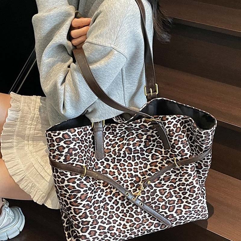 Leopard Print Suede Shoulder Tote Bag