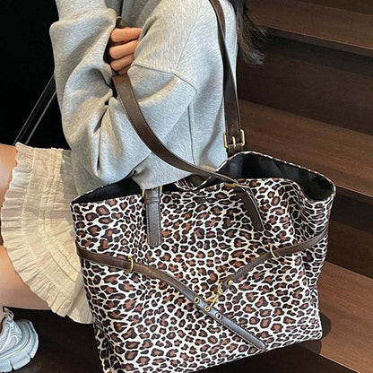 Leopard Print Suede Shoulder Tote Bag