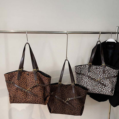 Leopard Print Suede Shoulder Tote Bag