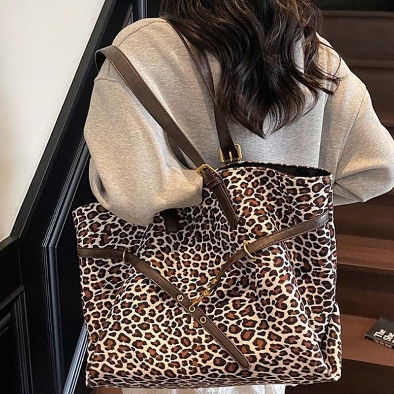 Leopard Print Suede Shoulder Tote Bag