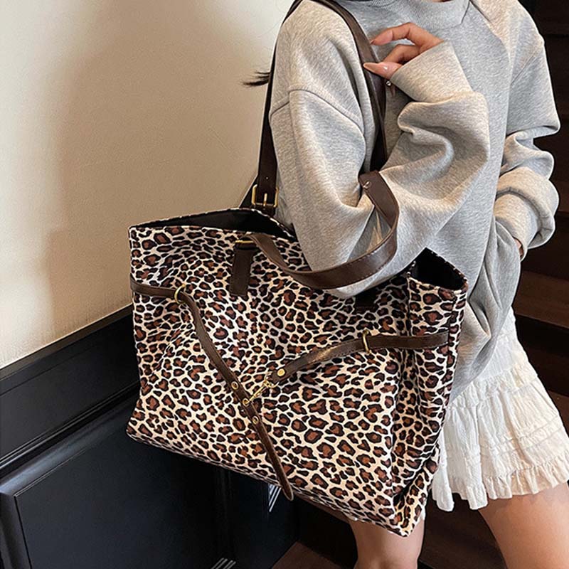 Leopard Print Suede Shoulder Tote Bag