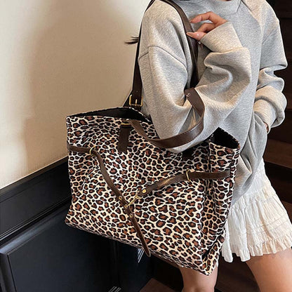 Leopard Print Suede Shoulder Tote Bag