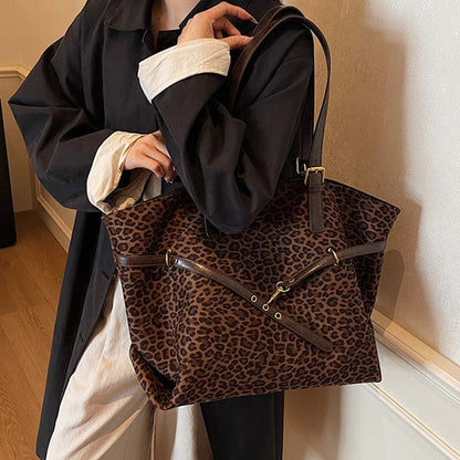 Leopard Print Suede Shoulder Tote Bag