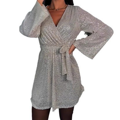 🔥Limited-time offer-Women's Sparkly V-Neck Long Sleeve Dress with Waist Tie