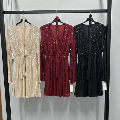 🔥Limited-time offer-Women's Sparkly V-Neck Long Sleeve Dress with Waist Tie