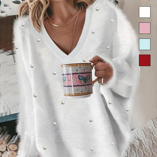 V-Neck Long Sleeve Beaded Decor Oversized Sweater Fluffy Pullover Top