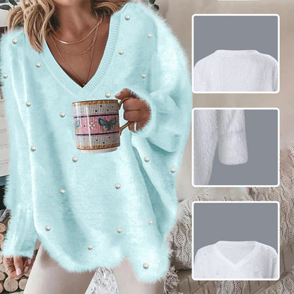 V-Neck Long Sleeve Beaded Decor Oversized Sweater Fluffy Pullover Top
