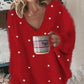 V-Neck Long Sleeve Beaded Decor Oversized Sweater Fluffy Pullover Top