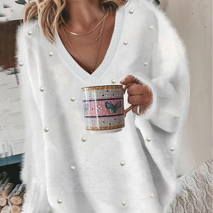 V-Neck Long Sleeve Beaded Decor Oversized Sweater Fluffy Pullover Top