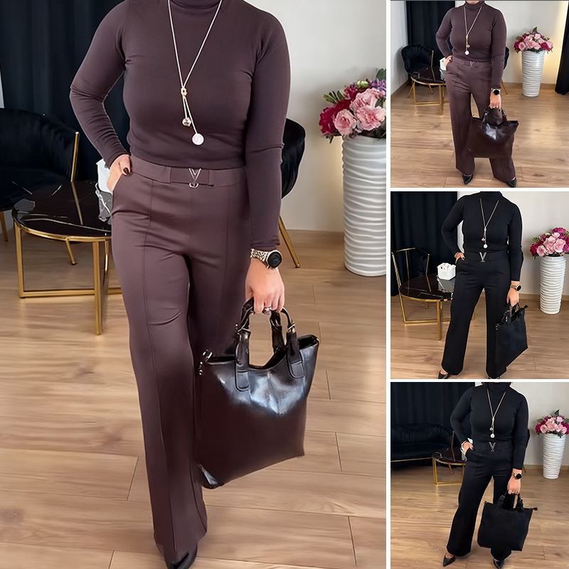 Women’s Elegant 2-Piece Set: High-Neck Knitted Top & Wide-Leg Pants