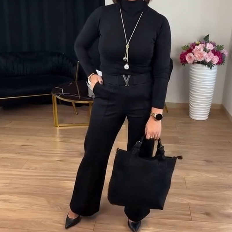 Women’s Elegant 2-Piece Set: High-Neck Knitted Top & Wide-Leg Pants