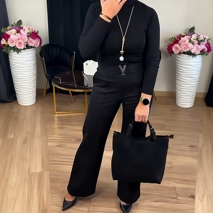 Women’s Elegant 2-Piece Set: High-Neck Knitted Top & Wide-Leg Pants
