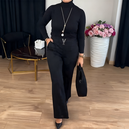 Women’s Elegant 2-Piece Set: High-Neck Knitted Top & Wide-Leg Pants