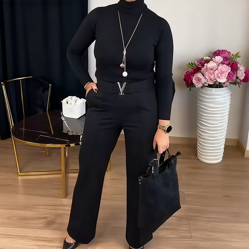Women’s Elegant 2-Piece Set: High-Neck Knitted Top & Wide-Leg Pants
