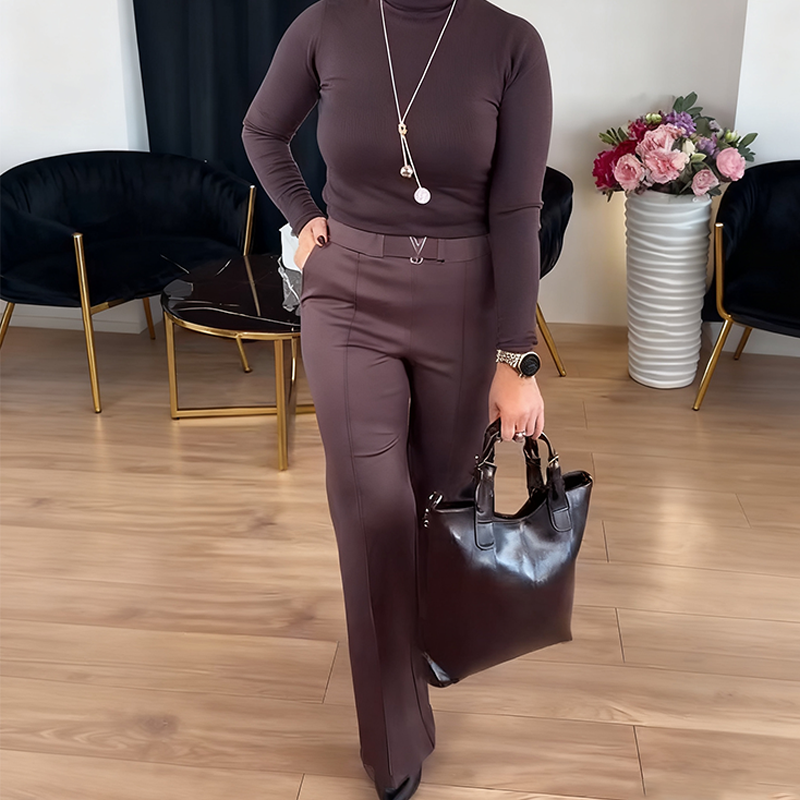 Women’s Elegant 2-Piece Set: High-Neck Knitted Top & Wide-Leg Pants