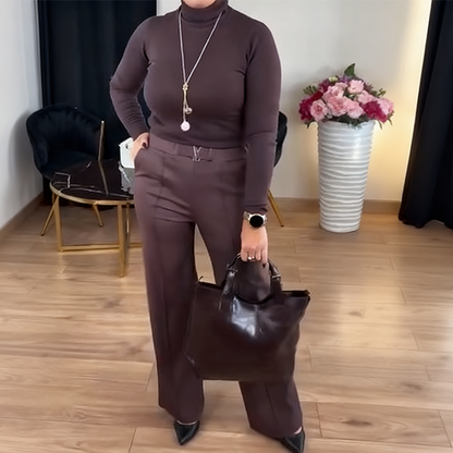 Women’s Elegant 2-Piece Set: High-Neck Knitted Top & Wide-Leg Pants