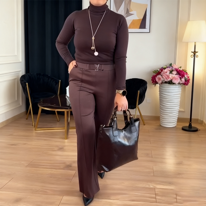 Women’s Elegant 2-Piece Set: High-Neck Knitted Top & Wide-Leg Pants