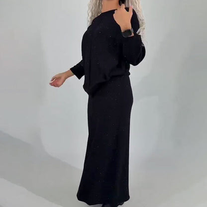 Women's Glitter Knit Long Sleeve Top & Skirt 2-Piece Set