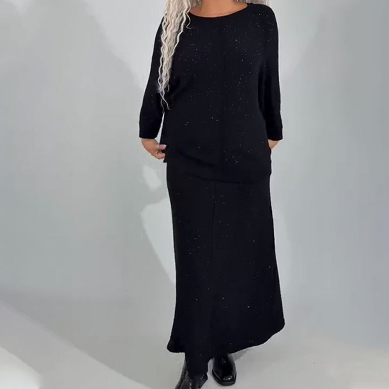 Women's Glitter Knit Long Sleeve Top & Skirt 2-Piece Set