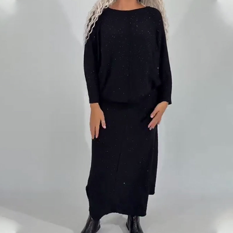 Women's Glitter Knit Long Sleeve Top & Skirt 2-Piece Set