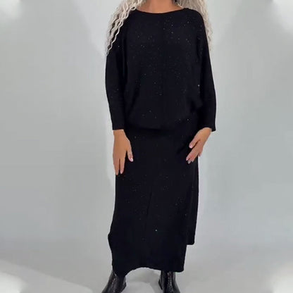 Women's Glitter Knit Long Sleeve Top & Skirt 2-Piece Set