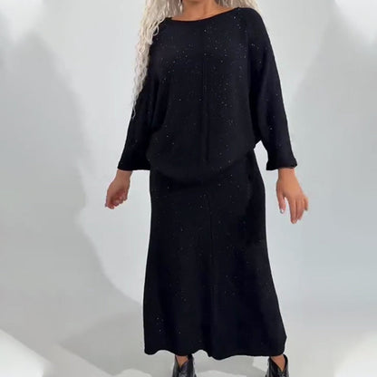 Women's Glitter Knit Long Sleeve Top & Skirt 2-Piece Set