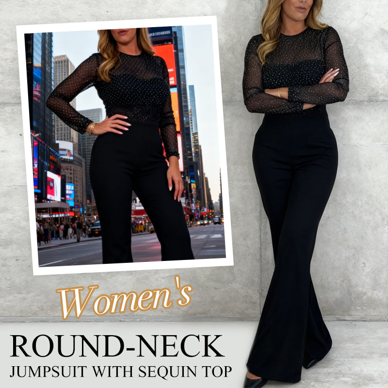 ✨ Women’s Glamorous Round-Neck Jumpsuit – Sparkling Sequin Top, Head-Turning Style for Parties & Evenings