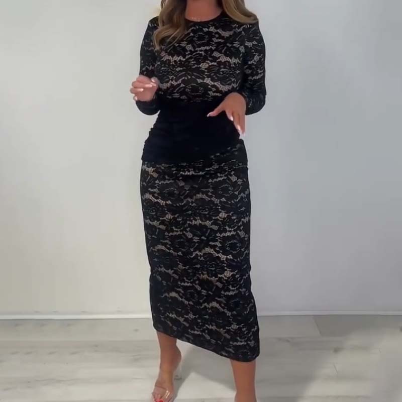 ✨ Women’s Glamorous Black Lace Long Sleeve Dress – Delicate Lace Detail, Elegant Style for Evening Parties