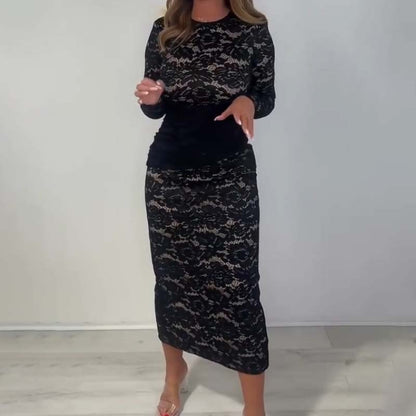 ✨ Women’s Glamorous Black Lace Long Sleeve Dress – Delicate Lace Detail, Elegant Style for Evening Parties
