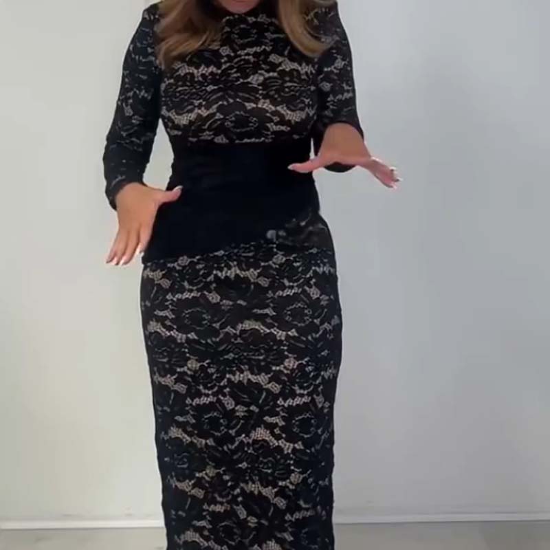 ✨ Women’s Glamorous Black Lace Long Sleeve Dress – Delicate Lace Detail, Elegant Style for Evening Parties