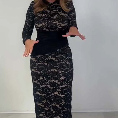 ✨ Women’s Glamorous Black Lace Long Sleeve Dress – Delicate Lace Detail, Elegant Style for Evening Parties
