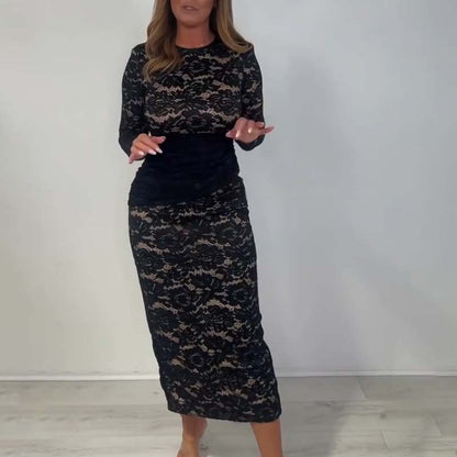✨ Women’s Glamorous Black Lace Long Sleeve Dress – Delicate Lace Detail, Elegant Style for Evening Parties