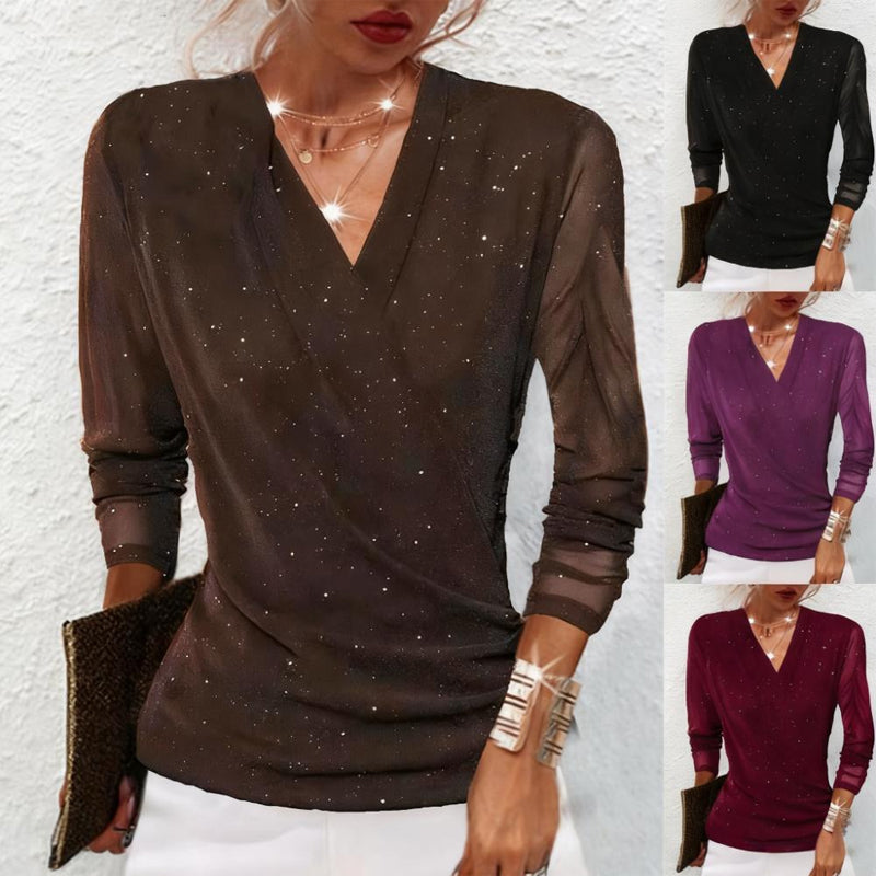 Women's Sparkle Crossover V-Neck Long Sleeve Top