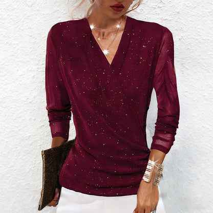Women's Sparkle Crossover V-Neck Long Sleeve Top