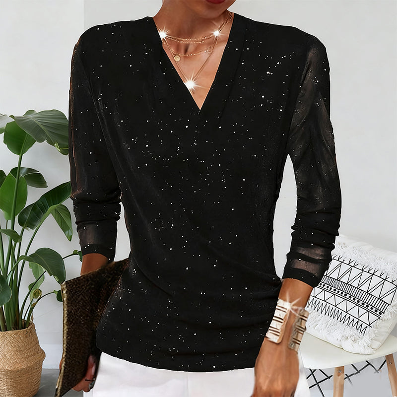 Women's Sparkle Crossover V-Neck Long Sleeve Top