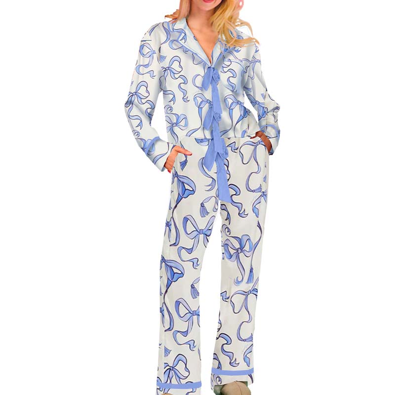 Bow Striped Tie Front Christmas Pajamas: Long Sleeve Tops and Long Pants