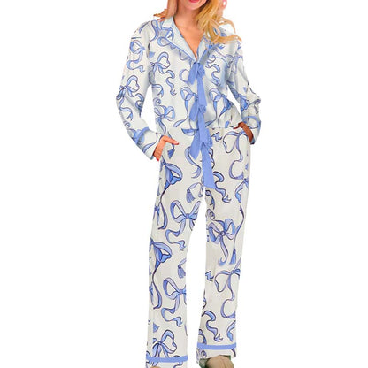 Bow Striped Tie Front Christmas Pajamas: Long Sleeve Tops and Long Pants