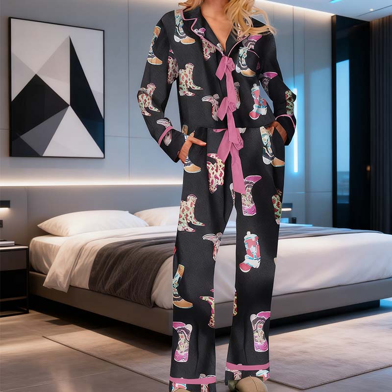 Bow Striped Tie Front Christmas Pajamas: Long Sleeve Tops and Long Pants