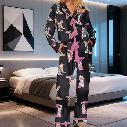 Bow Striped Tie Front Christmas Pajamas: Long Sleeve Tops and Long Pants