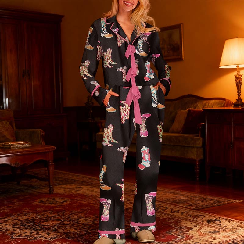 Bow Striped Tie Front Christmas Pajamas: Long Sleeve Tops and Long Pants