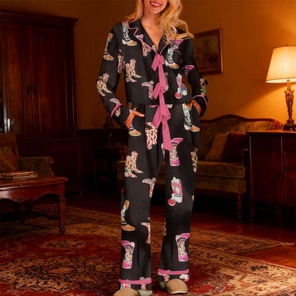 Bow Striped Tie Front Christmas Pajamas: Long Sleeve Tops and Long Pants