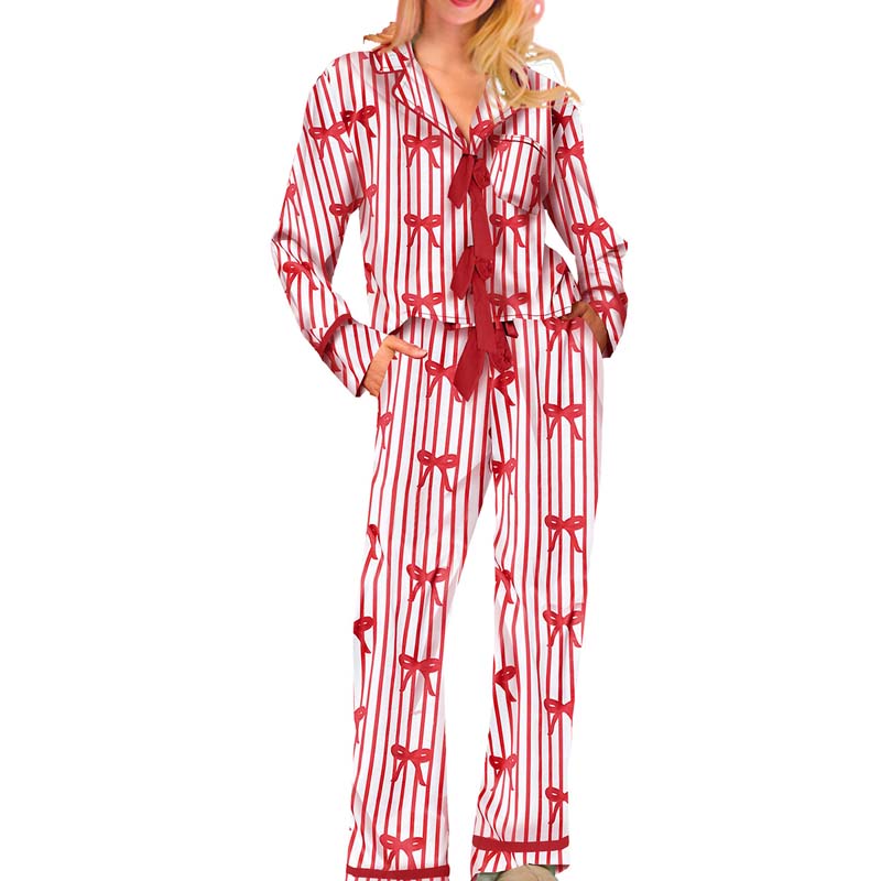 Bow Striped Tie Front Christmas Pajamas: Long Sleeve Tops and Long Pants