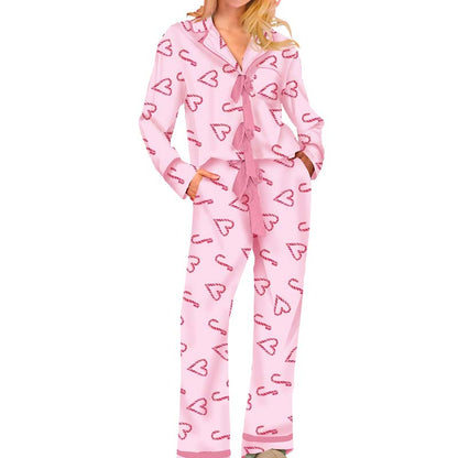 Bow Striped Tie Front Christmas Pajamas: Long Sleeve Tops and Long Pants