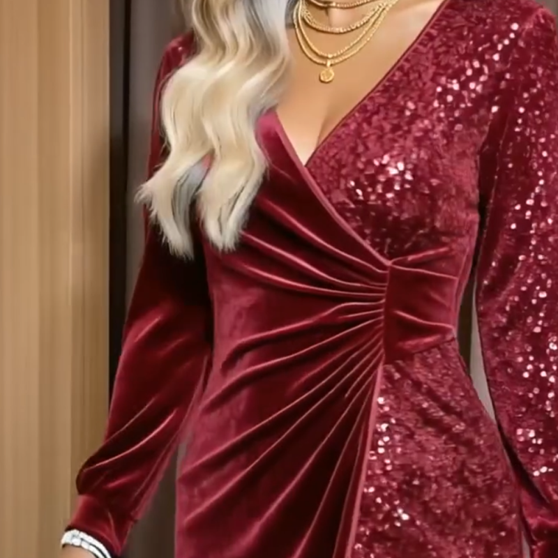 Women’s Long Sleeve V-Neck Sequined Dress