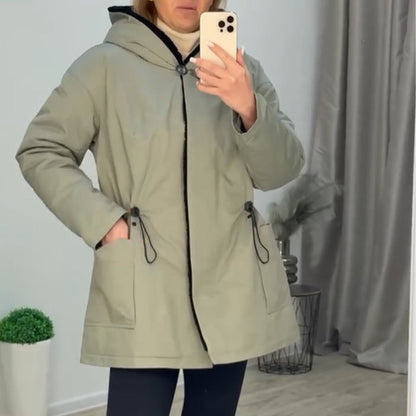 Women's Hooded Parka Jacket with Adjustable Waist & Pockets